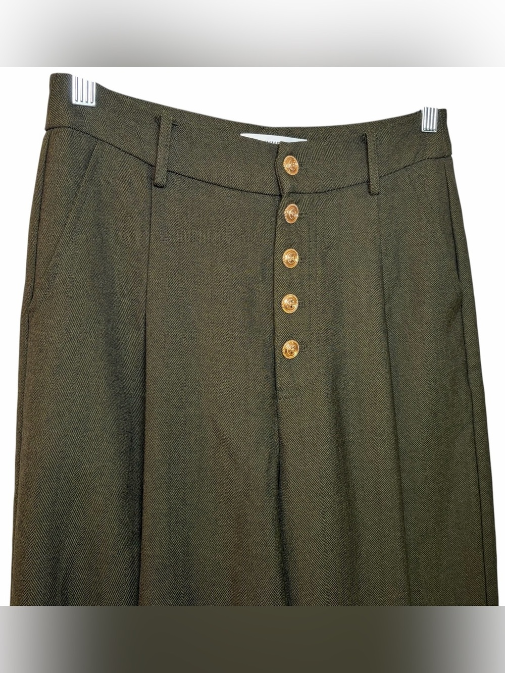 Commense High-Waisted Button-Front Wide-Leg Pants Dark Olive Green Size S Preppy - Picture 5 of 10